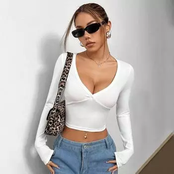 Женская сексуальная футболка с V-образным вырезом, однотонный дизайн на осень и зиму, топ с длинными рукавами S белый