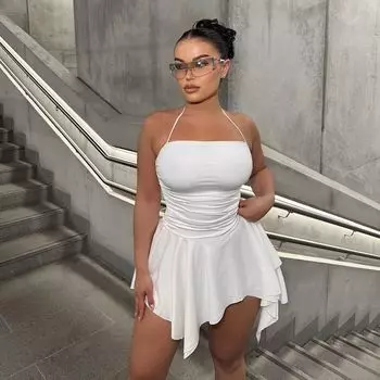 Женская сексуальная клубная одежда, платье без рукавов, облегающее платье для стриптиза, ночная рубашка, облегающая форма, платье горничной с рюшами, милая одежда S белый