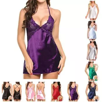 Женская сексуальная кружевная атласная пижама с v-образным вырезом, имитация шелка, модная однотонная майка с лямкой на бретельках, нижняя юбка, эротический костюм, домашняя одежда S красный