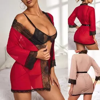 Женская сексуальная кружевная сетчатая ночная рубашка, пижамы, нижнее белье, халат, халат