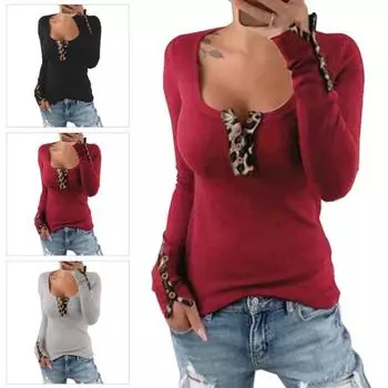 Женская сексуальная леопардовая пуговица с круглым вырезом и длинным рукавом, облегающая хлопковая футболка, блузка