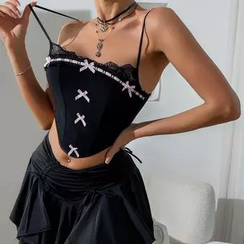 Женская сексуальная модная кружевная майка с бантом и глубоким вырезом Fishbone S чёрный