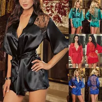 Женская сексуальная ночная рубашка, атласное кружевное кимоно, пижама, прозрачное нижнее белье, платье, халат XL красный