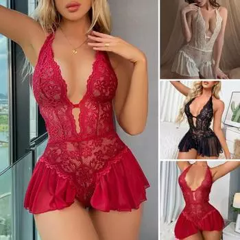 Женская сексуальная ночная рубашка, прозрачное кружево, облегающая посадка, без рукавов, с открытой спиной, глубокий V-образный вырез, шнуровка, бретелька на шее S синий