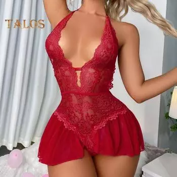 Женская сексуальная ночная рубашка, прозрачное кружево, облегающая посадка, без рукавов, с открытой спиной, глубоким V-образным вырезом, на шнуровке, с лямкой на шее, с открытой промежностью, женская одежда для сна L