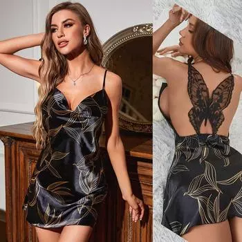 Женская сексуальная ночная рубашка с кружевом и бабочкой на спине, летняя однотонная мягкая легкая пижама с принтом для женщин, стильное платье для сна с v-образным вырезом, высокой талией и открытой спиной S