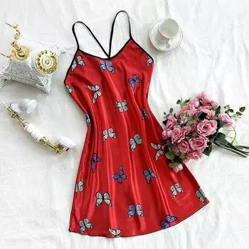 Женская сексуальная ночная рубашка с принтом бабочек, летняя, с U-образным вырезом, высокой талией и перекрестными швами на спине, легкая пижама для женщин, стильное шелковое атласное мягкое короткое платье для сна S