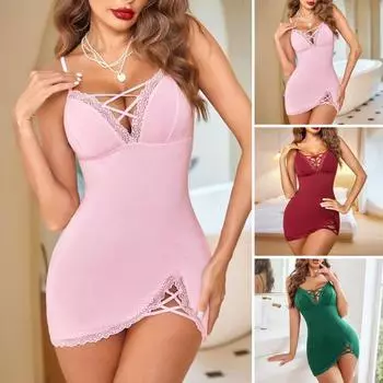 Женская сексуальная ночная рубашка с регулируемым ремешком, с глубоким вырезом на шнуровке, узкая без рукавов с разделенным подолом и мягкой подкладкой, сплошной цвет, эластичная ультра короткая полые женские XL зелёный