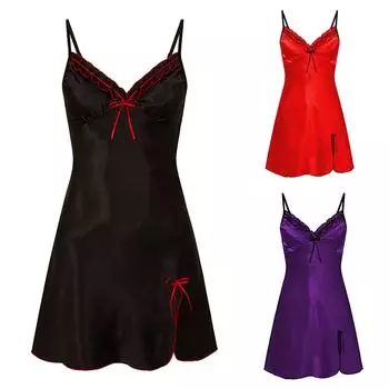 Женская сексуальная ночная рубашка с v-образным вырезом и большой открытой спиной, сексуальная атласная ночная рубашка L чёрный