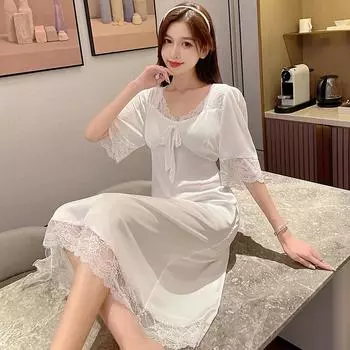Женская сексуальная ночная рубашка с V-образным вырезом и бантом, женская милая кружевная пижама из ледяного шелка, летняя домашняя одежда с подкладкой M