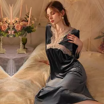 Женская сексуальная ночная рубашка с V-образным вырезом и длинным рукавом, ночная рубашка для дам, бархатное длинное платье, ночные рубашки, домашняя одежда, пижама M