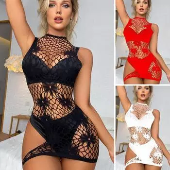 Женская сексуальная ночная рубашка с вырезом, прозрачная, в сетку, без рукавов, высокая эластичность, тонкая, облегающая