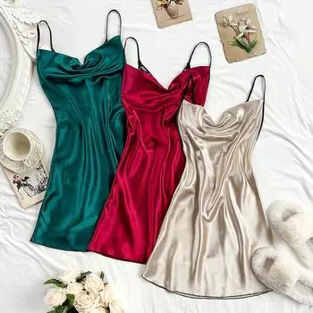 Женская сексуальная однотонная ночная рубашка из трех предметов, летняя дышащая пижама с v-образным вырезом и кружевом на спине для женщин, стильное легкое мягкое платье для сна S