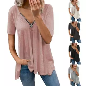 Женская сексуальная однотонная повседневная блузка с v-образным вырезом и застежкой-молнией с коротким рукавом L чёрный