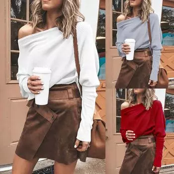 Женская сексуальная однотонная повседневная толстовка с открытыми плечами и длинным рукавом без бретелек, верхняя блузка M