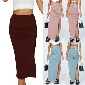 Женская сексуальная однотонная раздельная вилка, тонкая юбка на шнурке, вязаная повязка, длинная юбка L синий