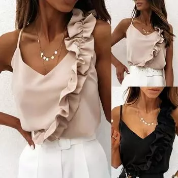 Женская сексуальная однотонная рубашка-спагетти с рюшами на бретельках и открытой спиной, жилет, блузка S абрикосовый