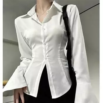 Женская сексуальная однотонная тонкая шифоновая рубашка с отложным воротником, туника с расклешенными рукавами, винтажная женская блузка с расклешенными рукавами, весна 2024 г. S чёрный