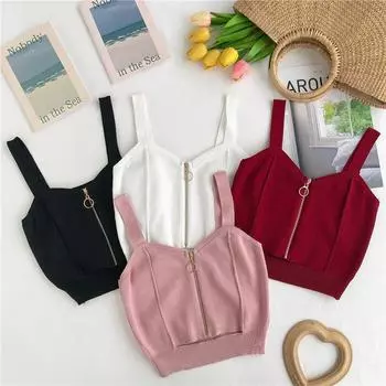 Женская сексуальная однотонная вязаная майка без рукавов с v-образным вырезом и застежкой-молнией One Size чёрный