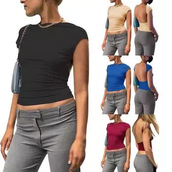 Женская сексуальная открытая спина с коротким рукавом Тонкая круглая шея Повседневная футболка с открытым пупком M чёрный