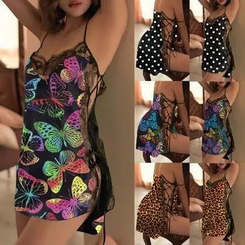 Женская сексуальная пижама с глубоким V-образным вырезом без рукавов, кружевное белье, блузка для сна L чёрный