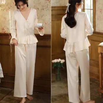 Женская сексуальная пижама с глубоким V-образным вырезом, пижама в дворцовом стиле, свободная повседневная домашняя одежда, однотонный атласный пижамный комплект M