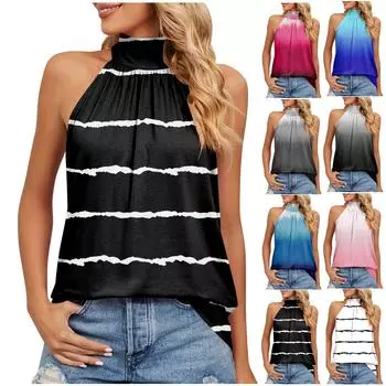 Женская сексуальная плиссированная футболка с круглым вырезом и винтажным цветочным принтом без рукавов на бретельках, топы XXXL синий