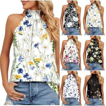 Женская сексуальная плиссированная футболка с круглым вырезом и винтажным цветочным принтом без рукавов на бретельках, топы XL чёрный