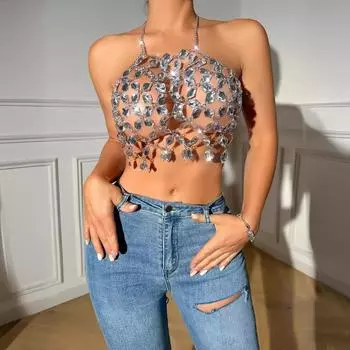 Женская сексуальная полая драгоценная шея бретелька для чулок секс одежда one size fits all серебряный