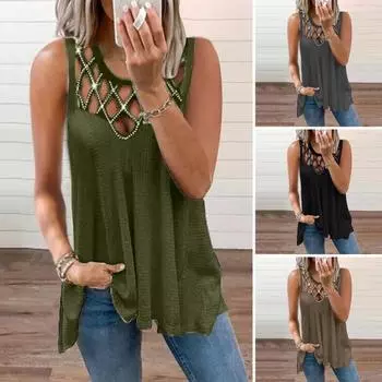 Женская сексуальная повседневная футболка с вырезами, цветной свободный жилет, однотонный жилет без рукавов с круглым вырезом, горячая дрель L вино красного