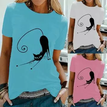 женская сексуальная повседневная летняя модная футболка с короткими рукавами и принтом котов
