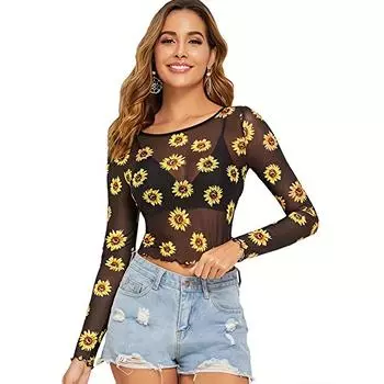 Женская сексуальная прозрачная футболка с длинным рукавом и круглым вырезом с цветочной сеткой S чёрный