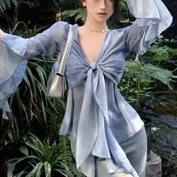 Женская сексуальная рубашка с длинным рукавом и V-образным вырезом в стиле тай-дай с градиентным узором M синий