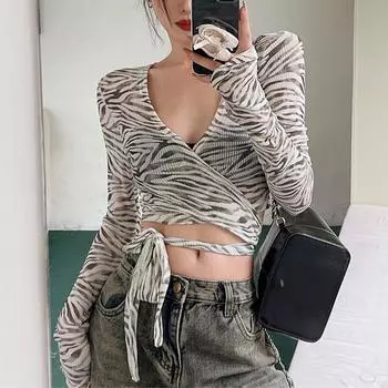 Женская сексуальная рубашка с длинным рукавом и принтом зебры с V-образным вырезом и длинными рукавами S зебра