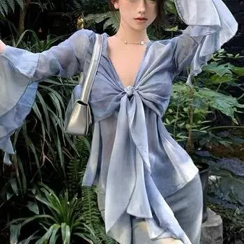 Женская сексуальная рубашка с длинным рукавом и V-образным вырезом в стиле тай-дай с градиентным узором M синий