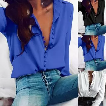 Женская сексуальная рубашка с v-образным вырезом и пуговицами больших размеров, повседневная однотонная блузка с длинным рукавом 5XL чёрный