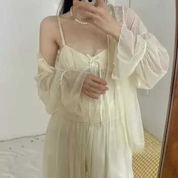 Женская сексуальная сетчатая кружевная домашняя одежда, пижама в стиле принцессы, 3 предмета, ночная рубашка в дворцовом стиле, милая модальная одежда для сна M розовый