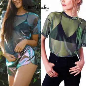 Женская сексуальная сетчатая прозрачная футболка, перспективный топ с короткими рукавами, прозрачная футболка для танцевальной вечеринки L