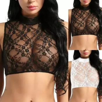 Женская сексуальная шея без рукавов, прозрачная кружевная короткая майка с цветочным принтом, жилет M