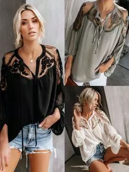 Женская сексуальная шифоновая рубашка с v-образным вырезом, кружевная футболка с рукавами-фонариками, летняя модная блузка, топы S армия зеленый