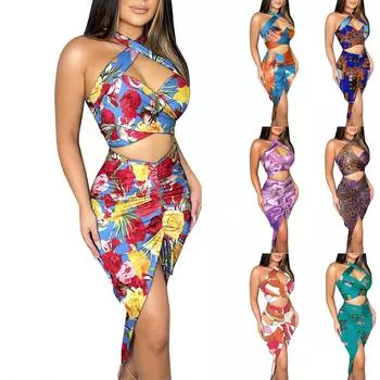 Женская сексуальная юбка-майка без рукавов с перекрестным вырезом и принтом из двух частей XL синий