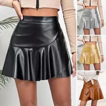 Женская сексуальная юбка с высокой талией на молнии и полупланкой мини-кюлоты с рюшами на подол сплошной цвет из искусственной кожи L золотистый