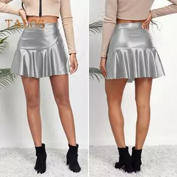 Женская сексуальная юбка с высокой талией на молнии и полупланкой Мини-кюлоты с рюшами на подоле Сплошной цвет Юбка из искусственной кожи Вечеринка Ночная одежда L золотистый