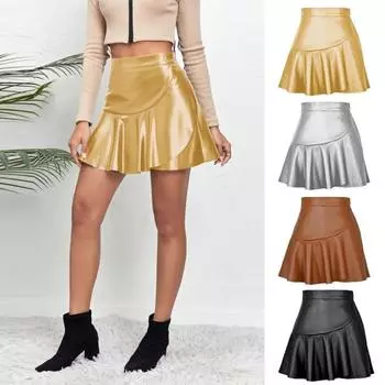 Женская сексуальная юбка с высокой талией на молнии и полупланкой Мини-кюлоты с рюшами на подоле Сплошной цвет Юбка из искусственной кожи Вечеринка Ночная одежда L золотистый
