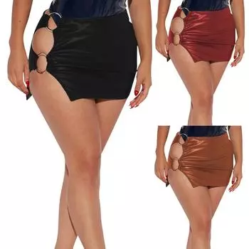 Женская сексуальная юбка в стиле ночного клуба с разрезом и металлическим кольцом, кожаная юбка S чёрный