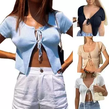 Женская сексуальная укороченная футболка с коротким рукавом в рубчик с открытой передней частью и повязкой на груди S абрикосовый