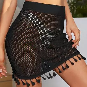 Женская сексуальная вязаная крючком пляжная юбка-накидка с эластичной высокой талией и прозрачной сеткой быстросохнущая юбка бикини с бахромой S белый