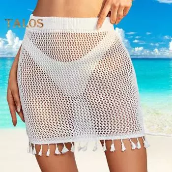 Женская сексуальная вязаная крючком пляжная юбка-накидка с эластичной высокой талией и прозрачной сеткой быстросохнущая юбка бикини с бахромой S хаки