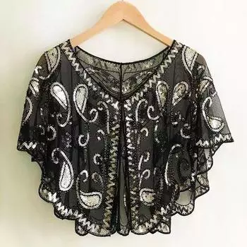 Женская шаль из геометрической сетки 1920-х годов, вечерняя накидка с блестками и бисером, болеро, вечернее платье в стиле Гэтсби, накидка, синий, красный, черный one size чёрный/золотой