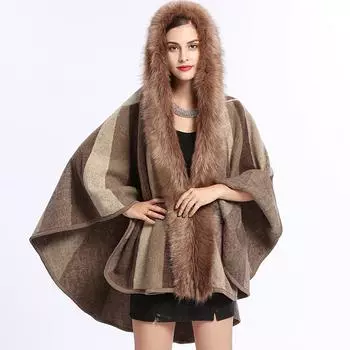 Женская шаль из искусственного лисьего меха с лоскутным принтом. Удобная мягкая стильная базовая накидка-пончо. Большая накидка. Роскошная меховая накидка с капюшоном на зиму. one size хаки